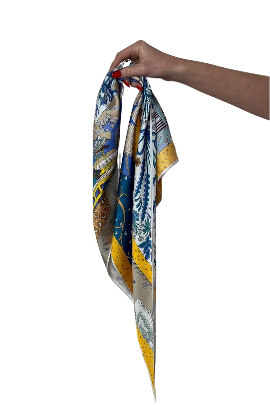 Satin Printed Scarf Blue & Mustard - Square