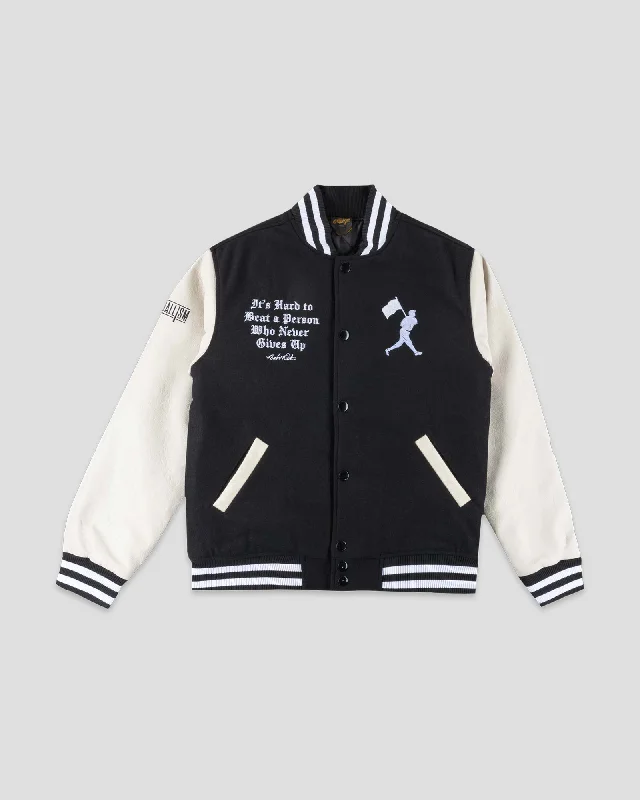 Never Give Up Varsity Jacket - Faded Eyeblack/Home Ivory