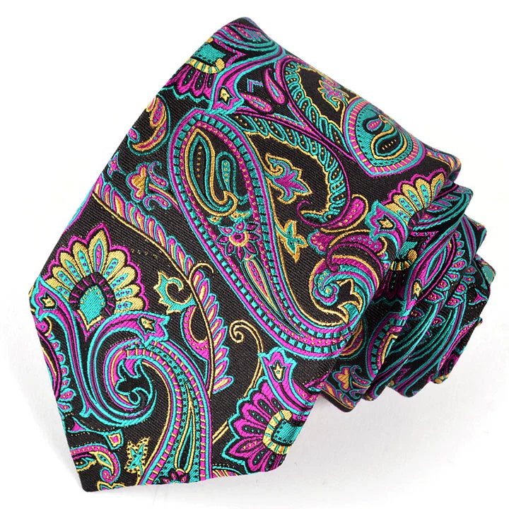 Black, Magenta, Teal, and Gold Oversize Paisley Woven Silk Jacquard Tie by Dion Neckwear