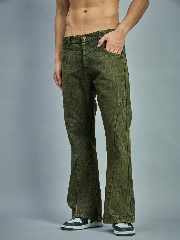 Olive Grunge Dyed Flared Denim