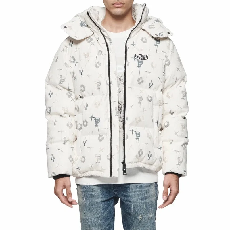 Purple Brand Printed Corduroy Puffer Jacket (Off White) P635-PCLP124