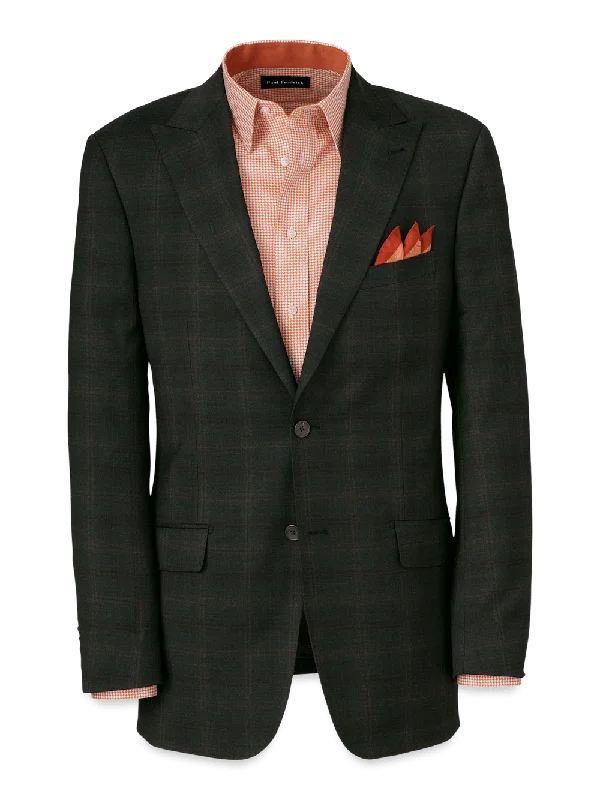 Wool Stretch Plaid Single Breasted Peak Lapel Suit Jacket - Dark Olive