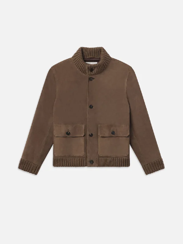 Rib Collar Suede Bomber -- Soft Mocha