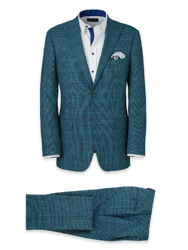 Microfiber Houndstooth Single Breasted Notch Lapel Suit - Navy/blue