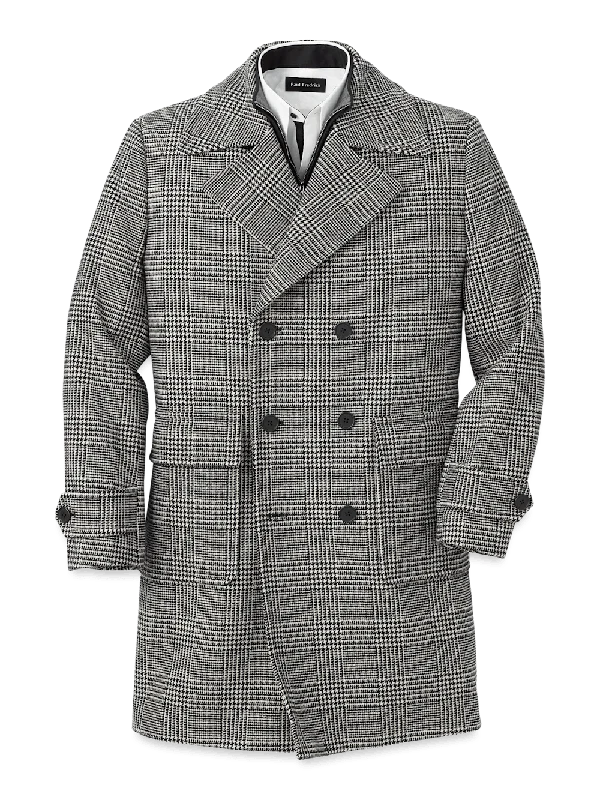 Wool Blend Plaid Double Breasted Topcoat - Black/white