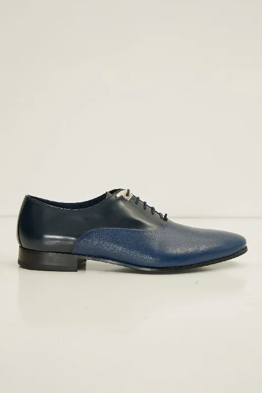 Two Tone Plain Toe Leather Oxfords-  Navy