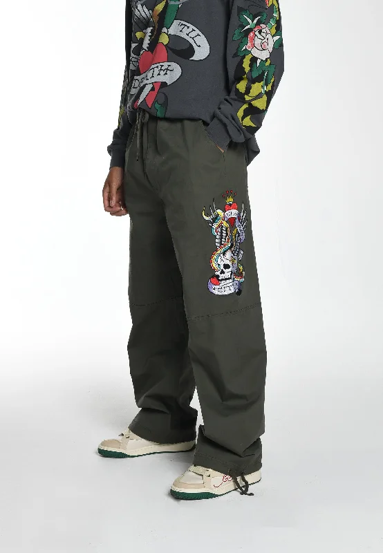 Mens Side-Snake-Skull Woven Tech Trouser - Green