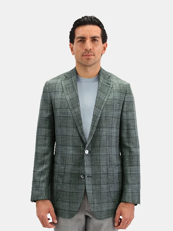 Lago Blazer Wool Silk & Linen Check Mid Green