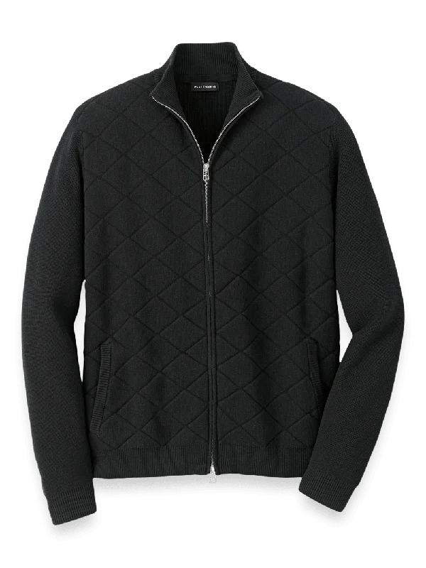 Cotton Full Zip Mock Neck Sweater - Black