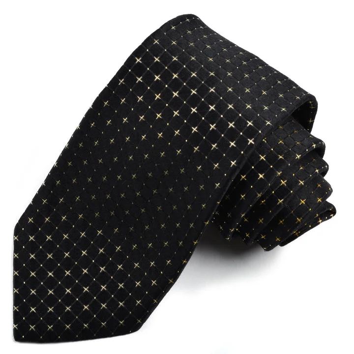 Black and Metallic Gold Star Dot Pattern Woven Silk Jacquard Tie by Dion Neckwear