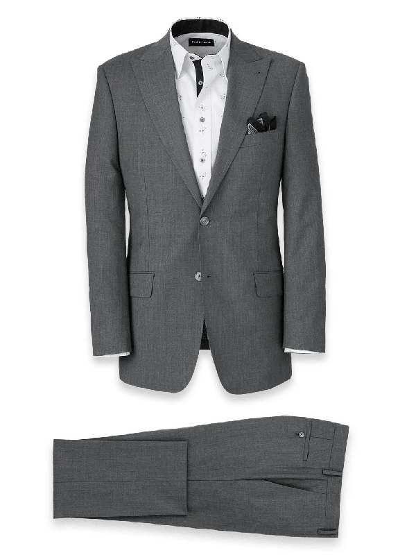 Wool Stretch Bengaline Single Breasted Peak Lapel Suit - Grey