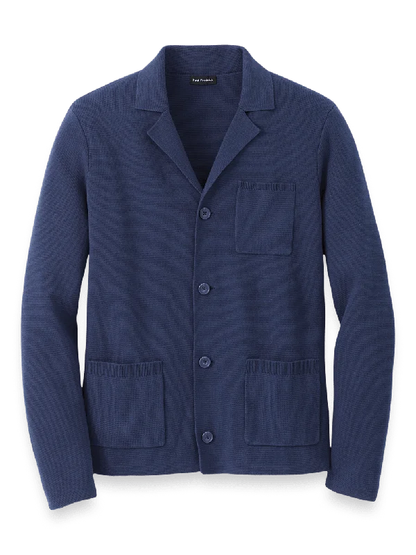 Cotton Notch Lapel Cardigan Sweater - Navy