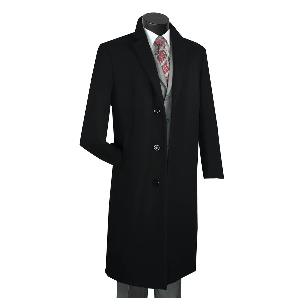 Black Full Length 48-Inch Tailored-Fit Wool Top Coat