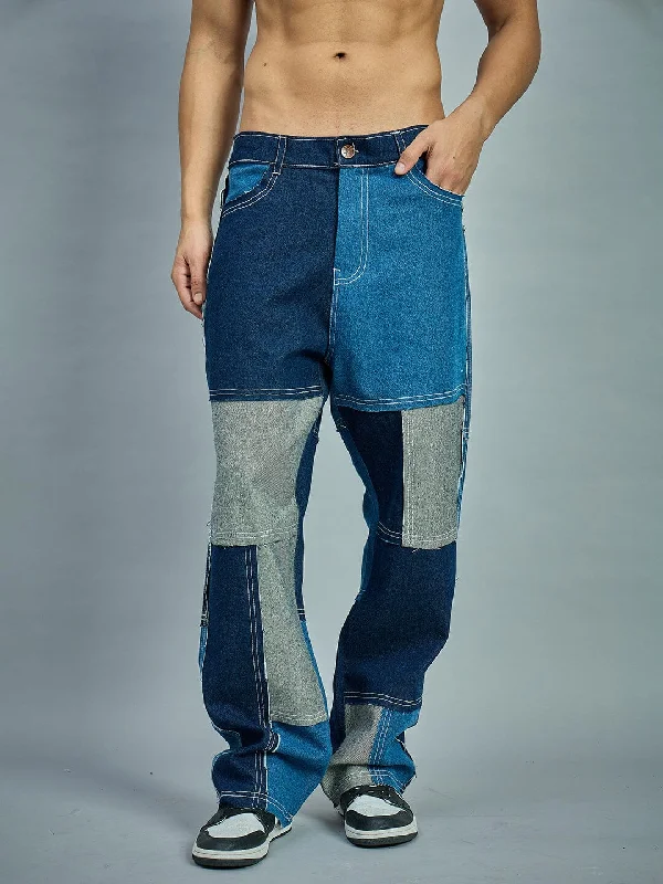 Indigo Colour Blocked Straight Fit Denim