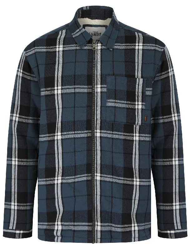 Cantwell Sherpa Fleece Lined Checked Flannel Cotton Overshirt Jacket in Midnight Blue Check - Tokyo Laundry