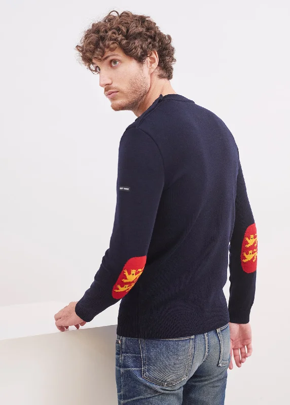 Mondiovision Normandie jumper - in wool, jacquard elbow patches (NAVY/MULTICO)