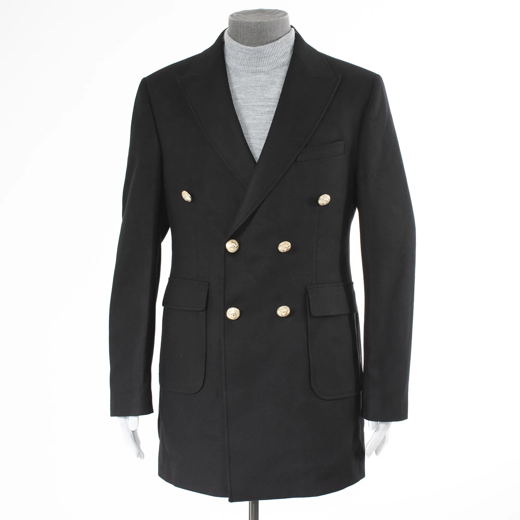 Black Slim-Fit Buckled Peacoat