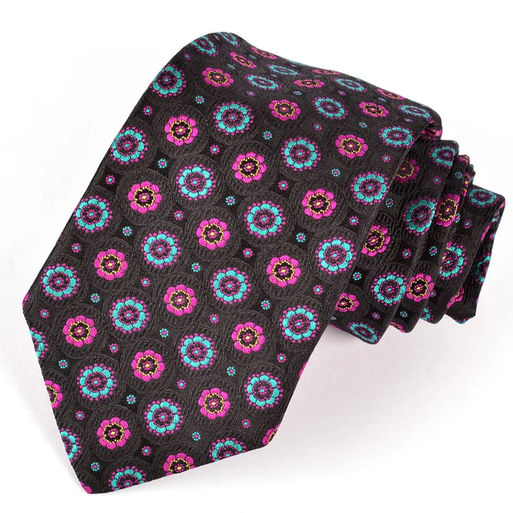 Black, Magenta, Teal, and Gold Floral Woven Silk Jacquard Tie by Dion Neckwear