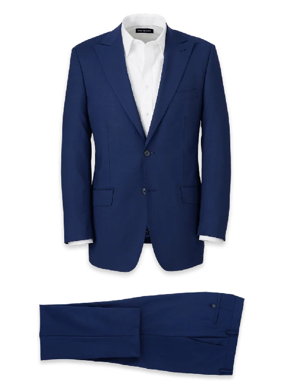 Wool Stretch Bengaline Single Breasted Peak Lapel Suit - Blue