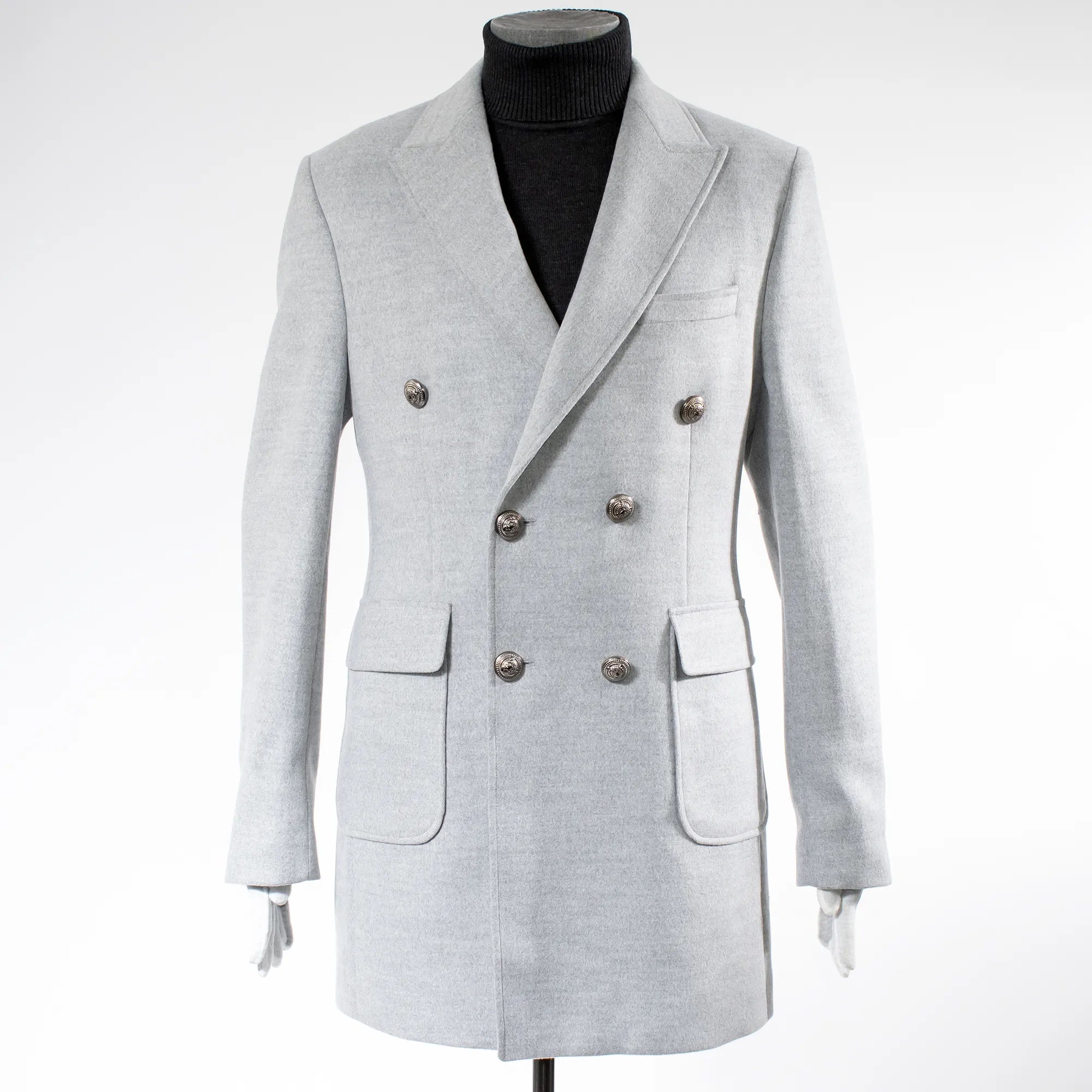 Light Gray Slim-Fit Buckled Peacoat