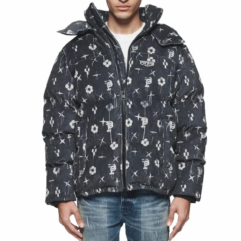 Purple Brand Printed Corduroy Puffer Jacket (Black) P635-PCDP124