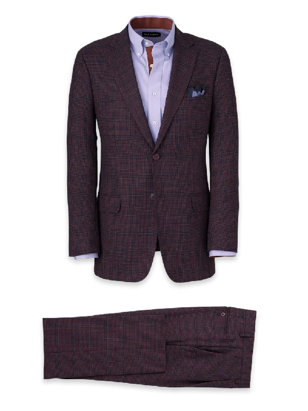 Wool Plaid Single Breasted Notch Lapel Suit - Wine