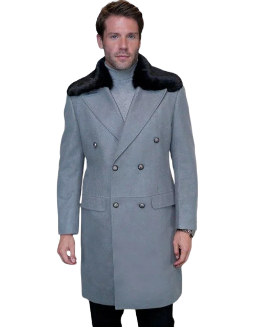 Statement Men's Double Breasted Gray Overcoat  With Fur Regular-Fit