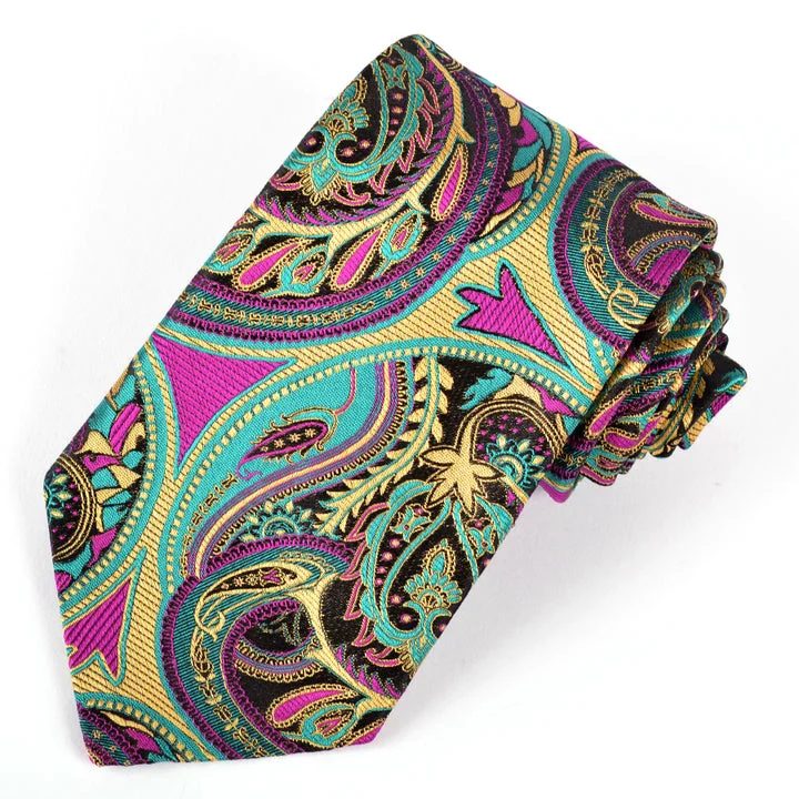 Gold, Black, Magenta, and Teal Oversize Paisley Woven Silk Jacquard Tie by Dion Neckwear