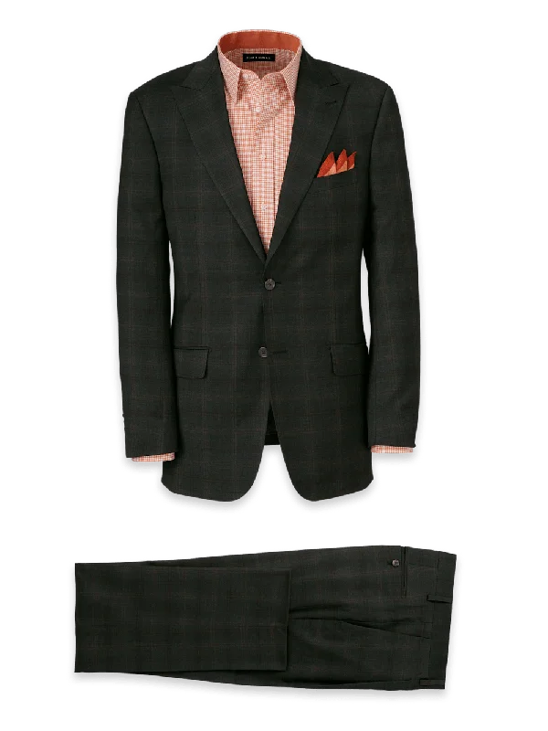 Wool Stretch Plaid Single Breasted Peak Lapel Suit - Dark Olive