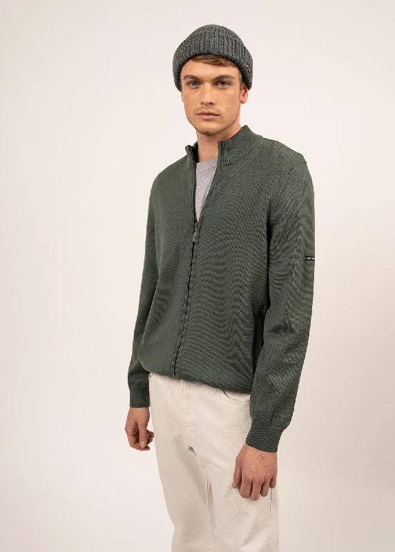 Colorado zipped cardigan - high-necked, in merino wool (VEGETAL/NAVY)