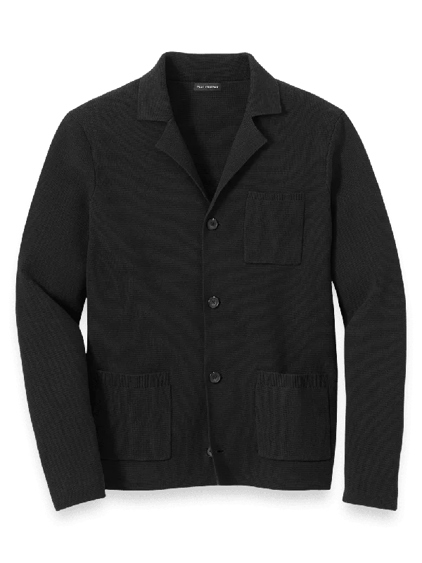 Cotton Notch Lapel Cardigan Sweater - Black