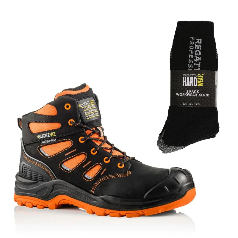 Buckbootz BVIZ2 Special Offer Pack - Buckler S3 Hi Vis Waterproof Safety Boots + 3 Pairs Work Socks