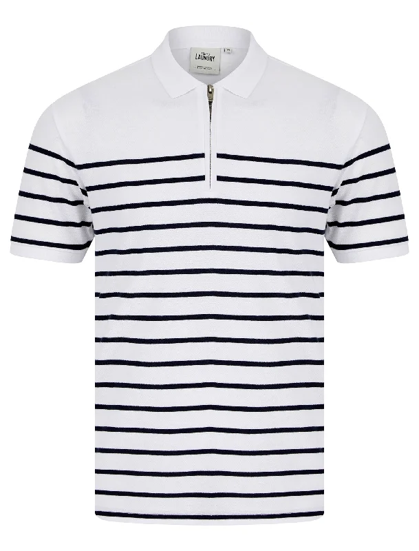 Wick Yarn Dyed Stripe Cotton Pique Zip Fasten Polo Shirt in Optic White - Tokyo Laundry