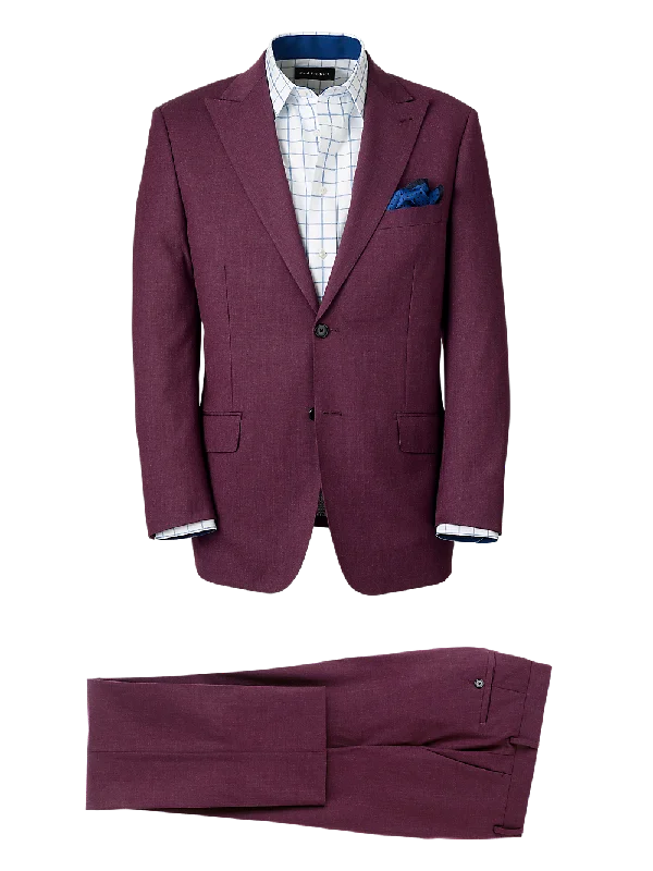 Wool Stretch Bengaline Single Breasted Peak Lapel Suit - Plum