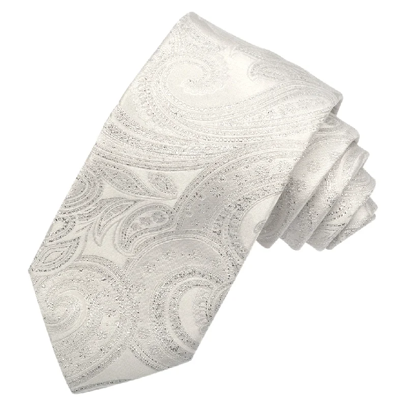 White and Silver Metallic Lurex Paisley Woven Silk Jacquard Tie (Long Length) by Dion Neckwear