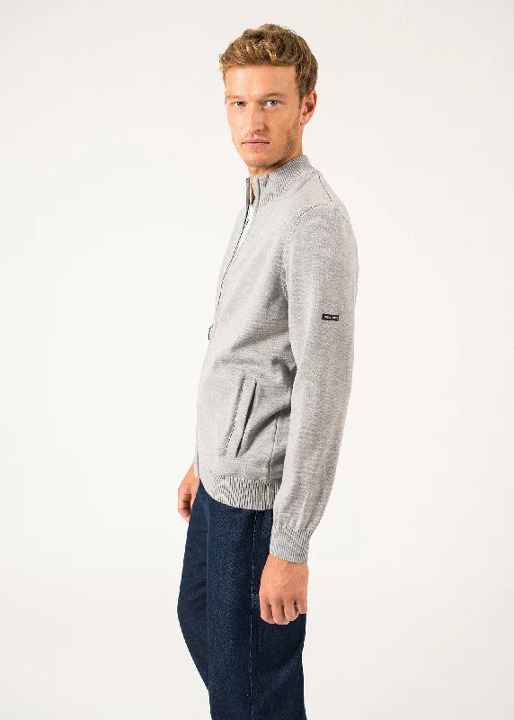 Colorado zipped cardigan - high-necked, in merino wool (GRIS/NAVY)