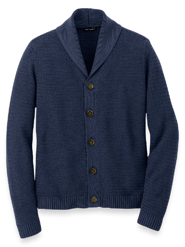 Cotton Button Front Shawl Collar Cardigan Sweater - Navy