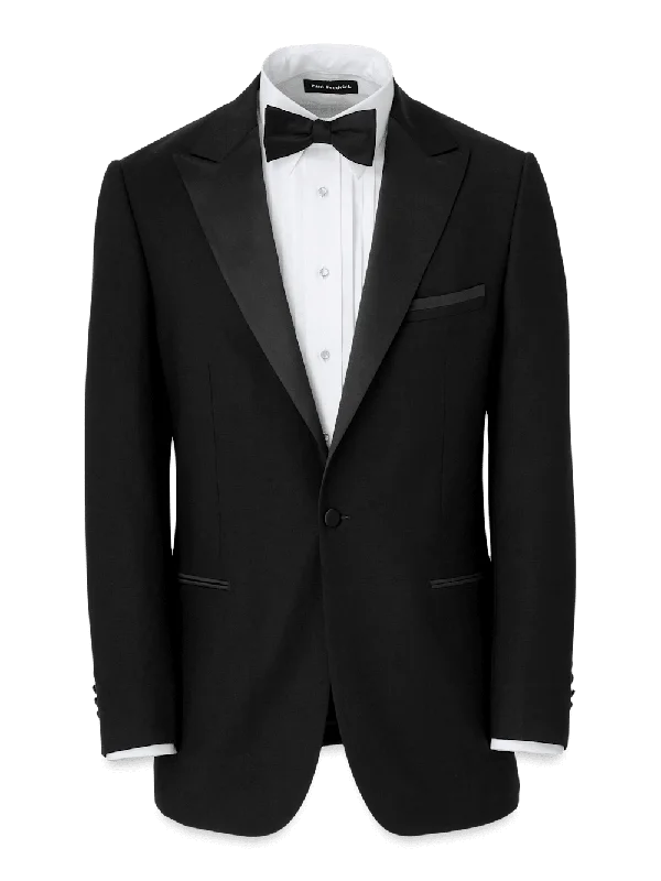 Wool Stretch Single Breasted Peak Lapel Tuxedo Jacket - Black