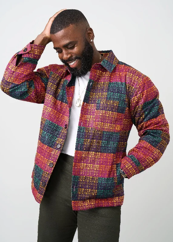 Obike Men's African Print Shirt Jacket  (Harvest Plaid Adire)