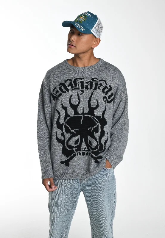 Mens Skull In Flames Jaquard Knitted Jumper - Grey/Black