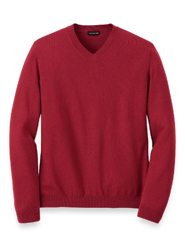 Merino Wool V-neck Sweater - Wine