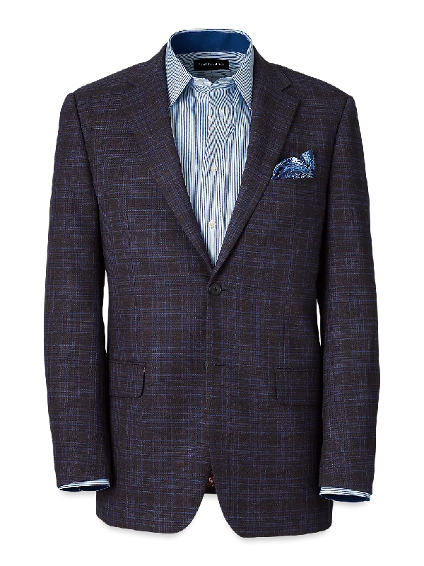 Wool Stretch Plaid Single Breasted Suit Jacket - Brown/navy