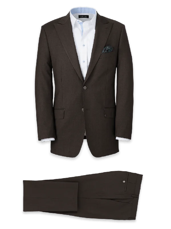 Wool Stretch Bengaline Single Breasted Peak Lapel Suit - Dark Brown