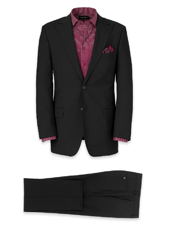 Wool Stretch Bengaline Single Breasted Peak Lapel Suit - Black