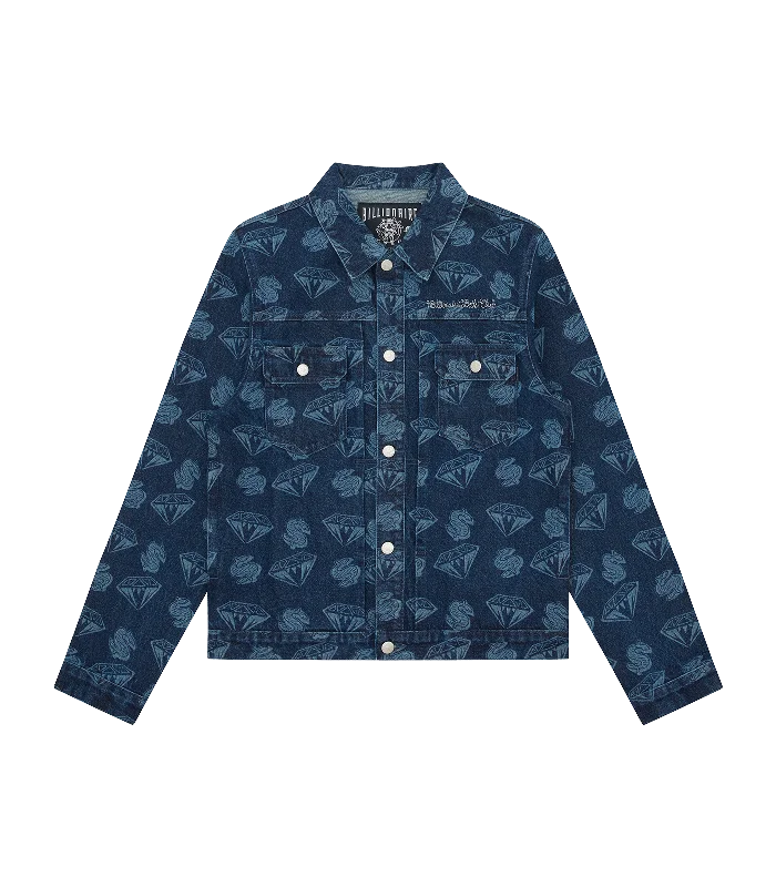 DIAMONDS & DOLLARS PRINTED DENIM JACKET - INDIGO