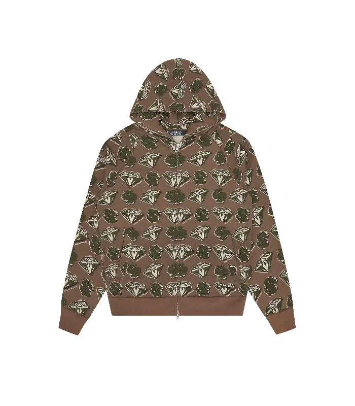 DIAMONDS & DOLLARS ZIP THROUGH HOOD - KHAKI