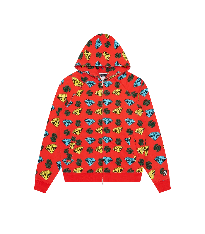 DIAMONDS & DOLLARS ZIP THROUGH HOOD - RED