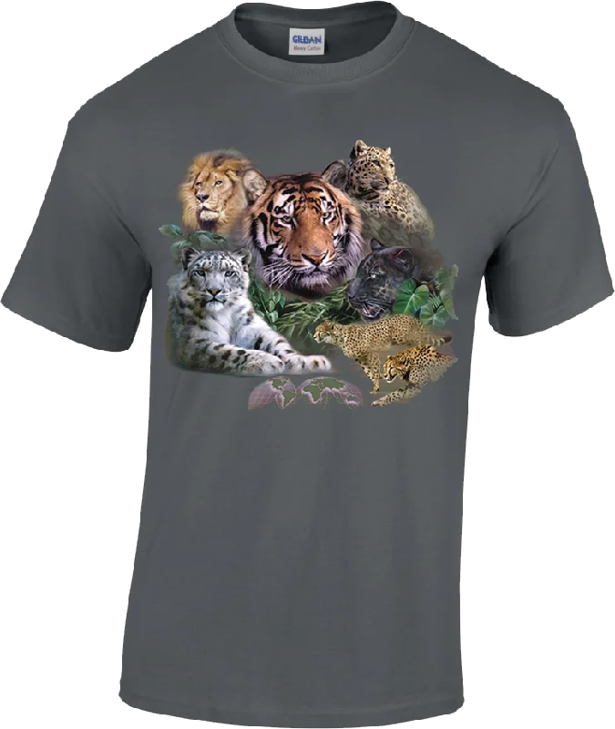 Adult Big Cats T-Shirt (Collage of Tiger, Lion, Cheetah, Snow Leopard and Jaguar)